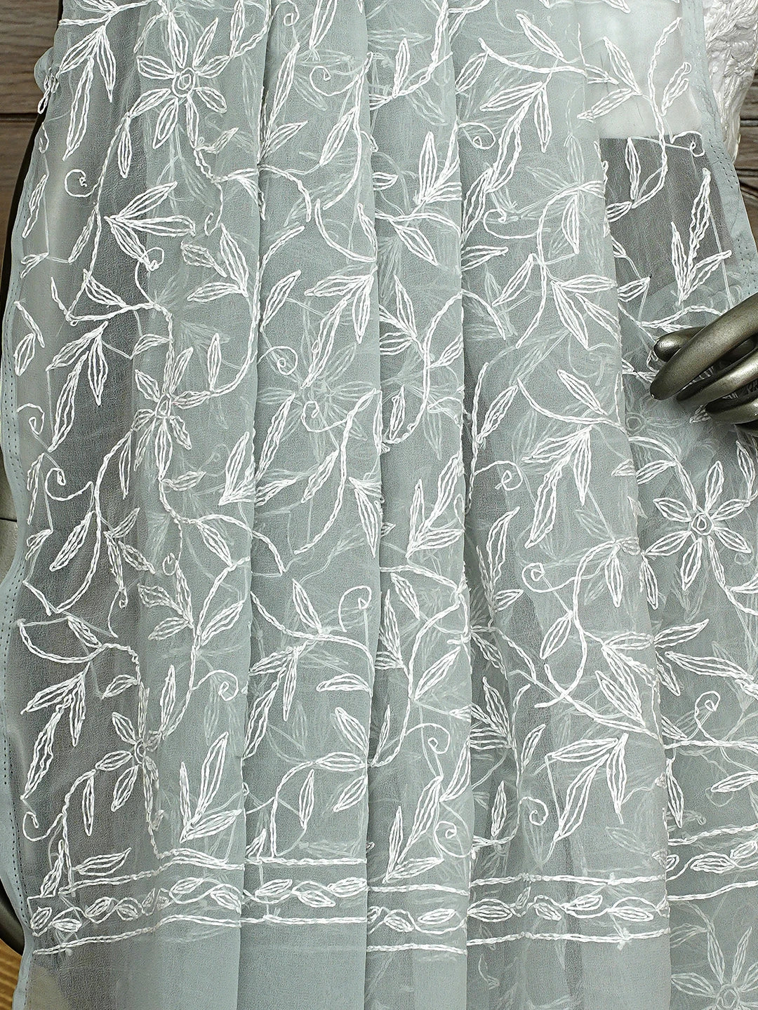 Ada Hand Embroidered Grey Georgette Lucknowi Chikankari Saree With Blouse 01A785118