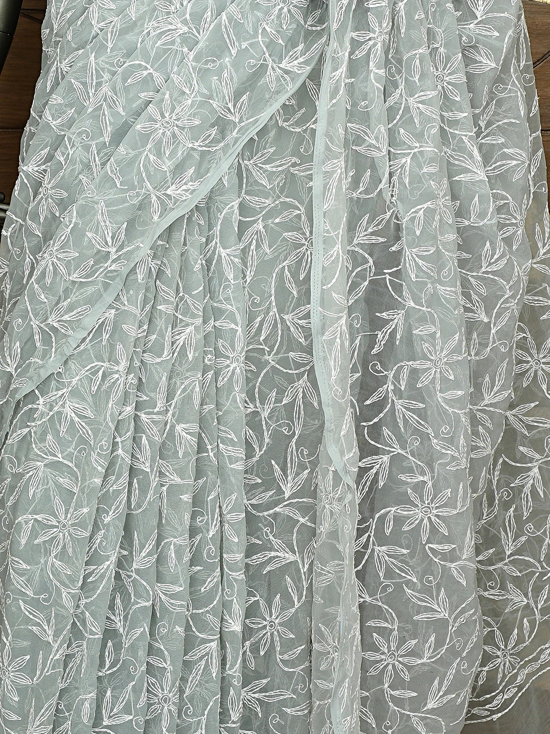 Ada Hand Embroidered Grey Georgette Lucknowi Chikankari Saree With Blouse 01A785118