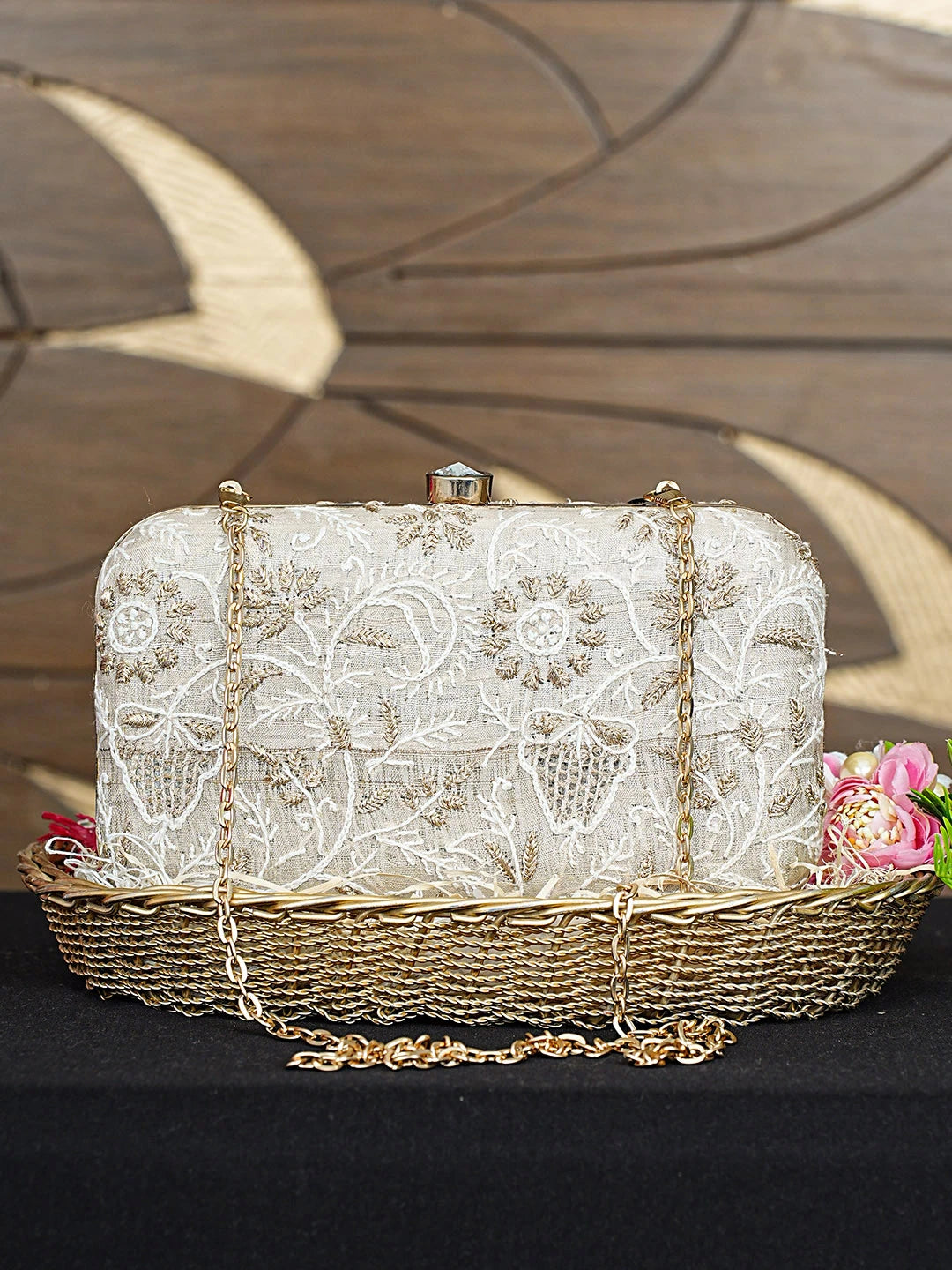Ada Hand Embroidered Fawn Silk Lucknowi Chikankari Clutch With Zari Work 01A925571