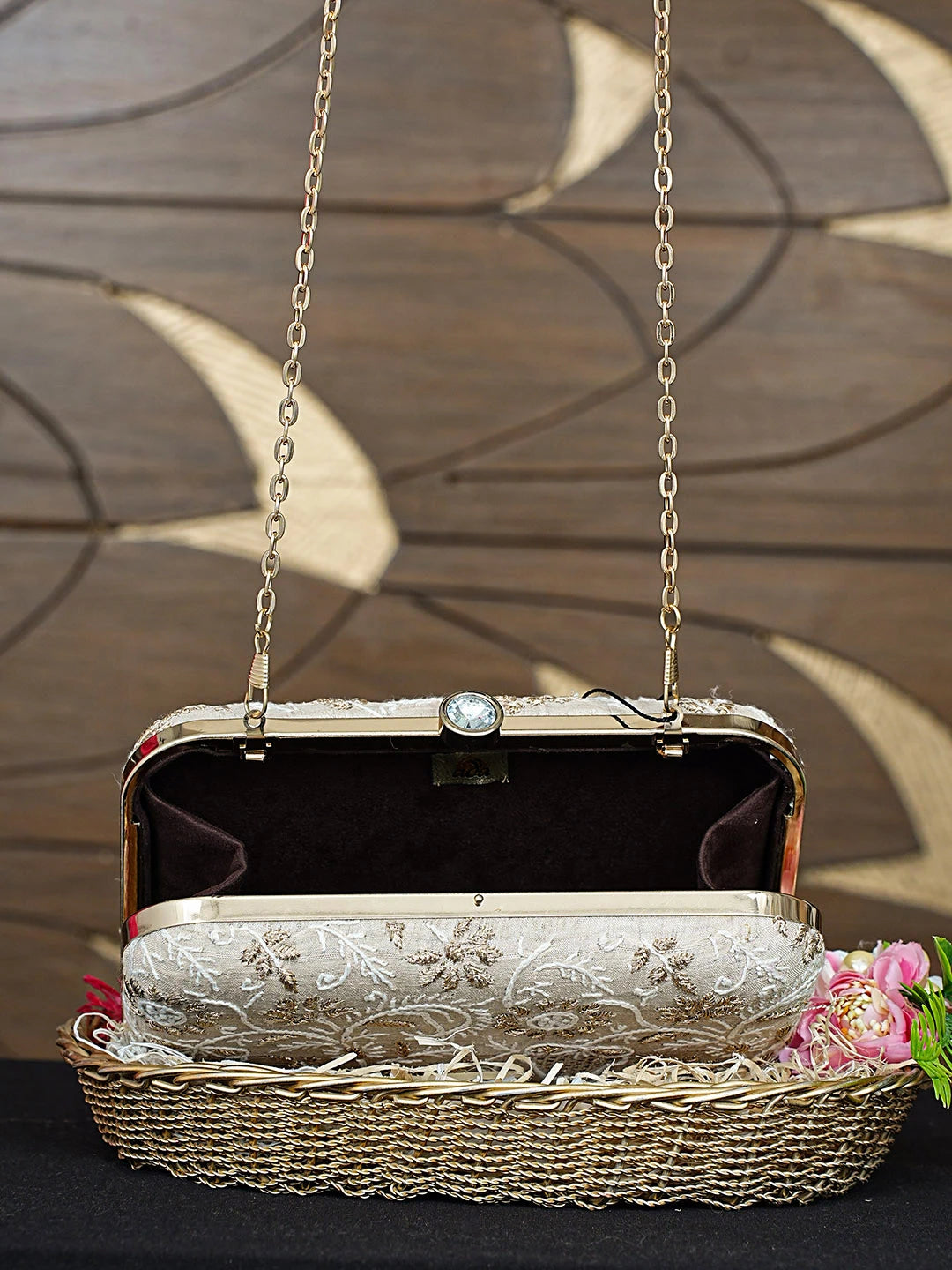 Ada Hand Embroidered Fawn Silk Lucknowi Chikankari Clutch With Zari Work 01A925571