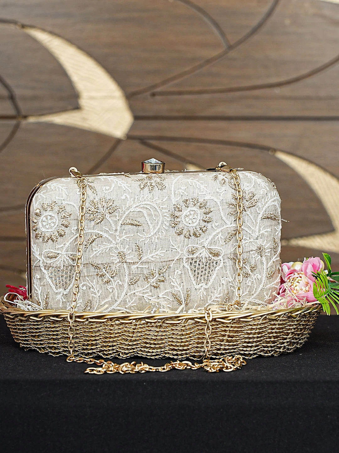 Ada Hand Embroidered Fawn Silk Lucknowi Chikankari Clutch With Zari Work 01A925571