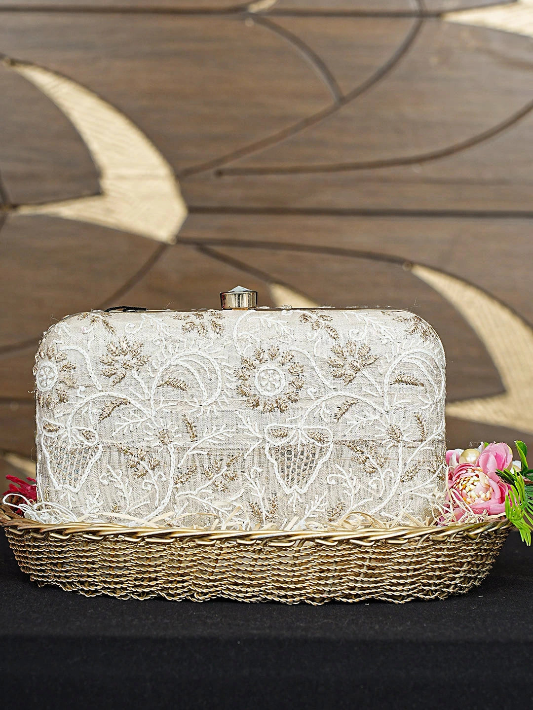 Ada Hand Embroidered Fawn Silk Lucknowi Chikankari Clutch With Zari Work 01A925571
