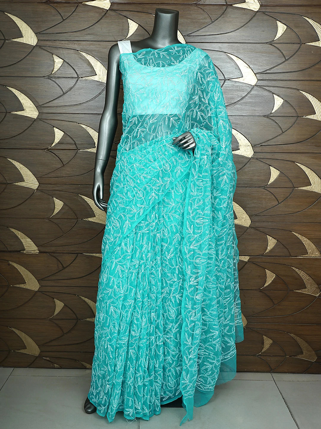 Ada Hand Embroidered Rama Green Georgette Lucknowi Chikankari Saree With Blouse 01A933619