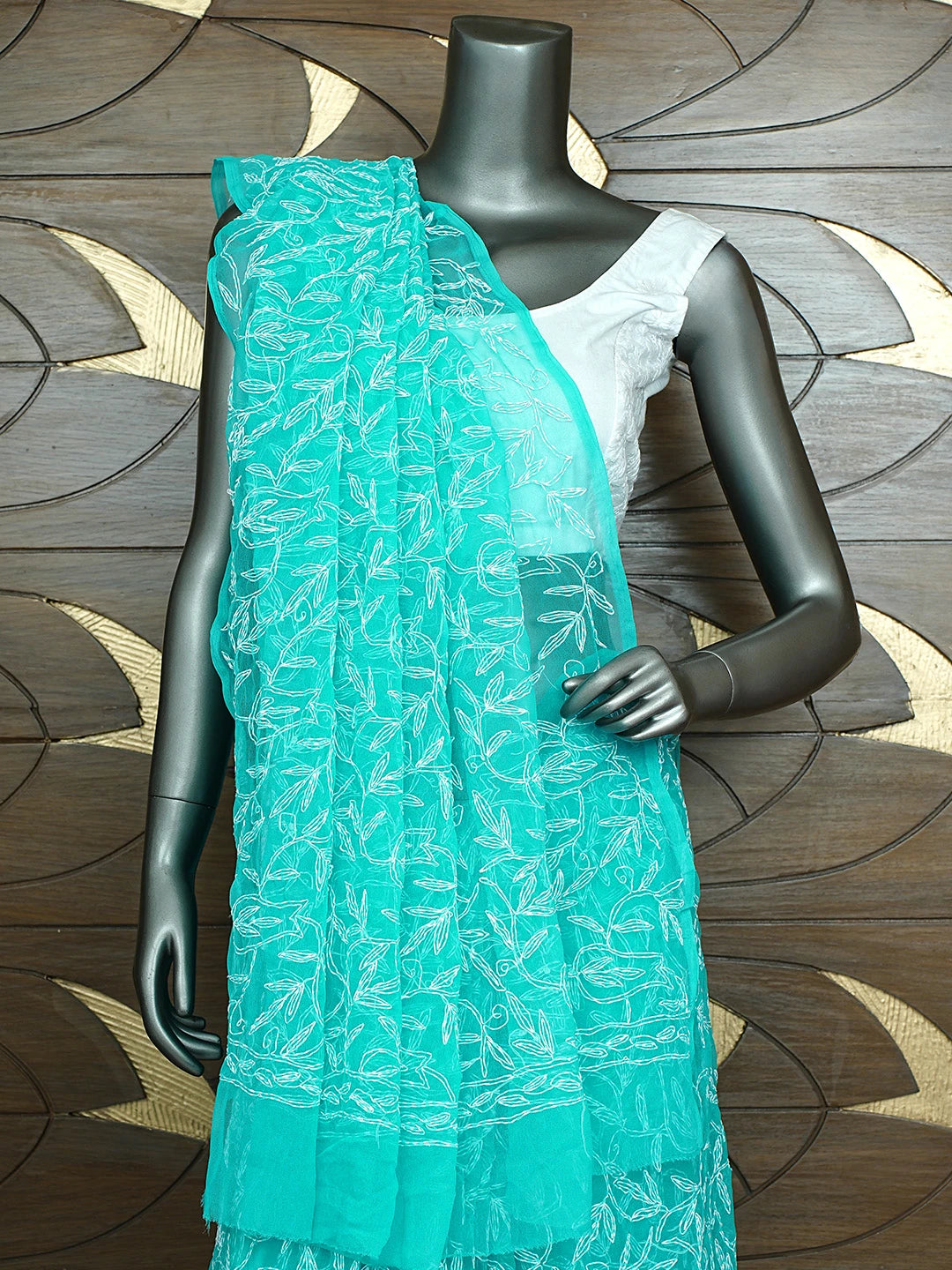 Ada Hand Embroidered Rama Green Georgette Lucknowi Chikankari Saree With Blouse 01A933619