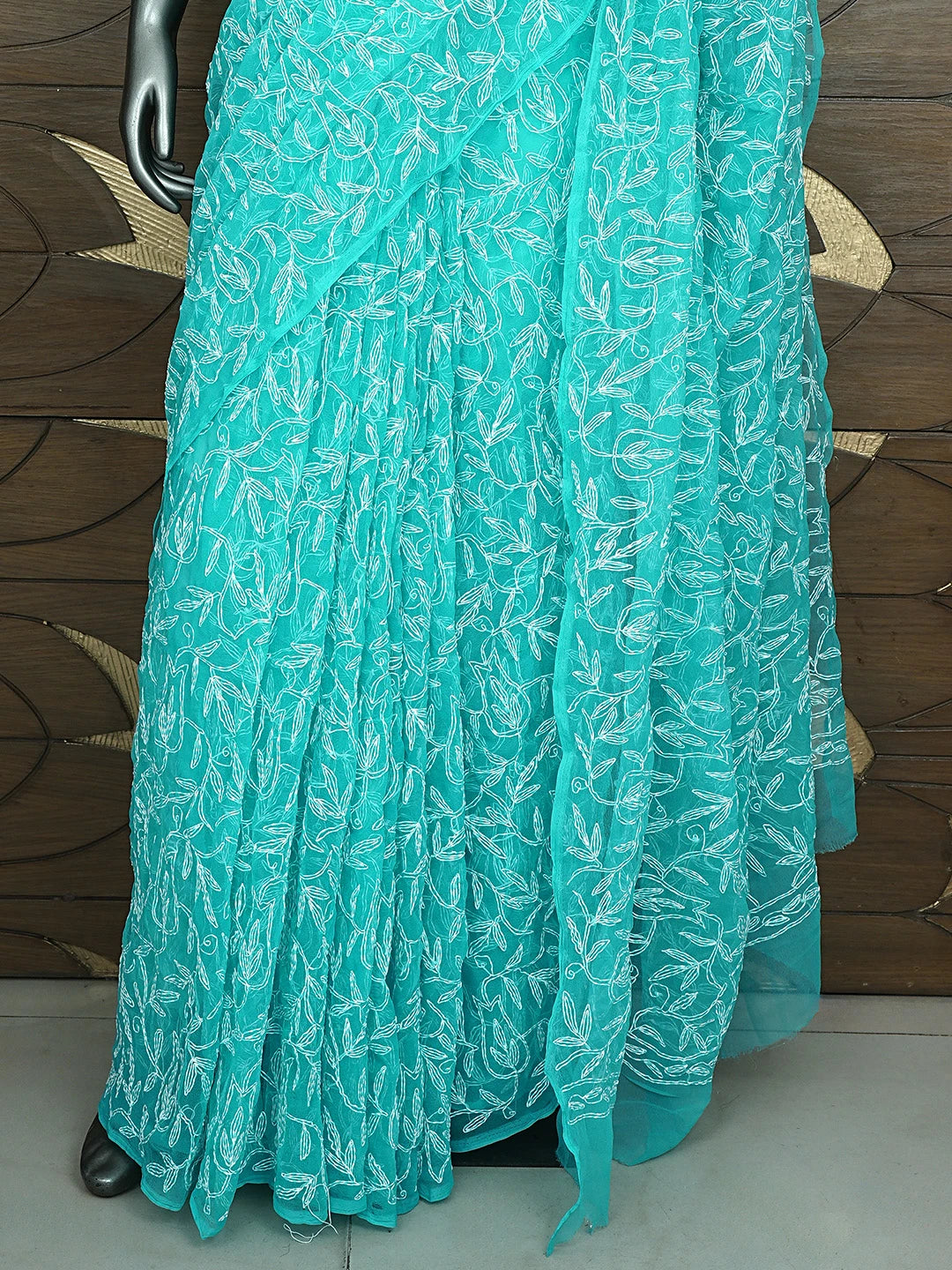 Ada Hand Embroidered Rama Green Georgette Lucknowi Chikankari Saree With Blouse 01A933619
