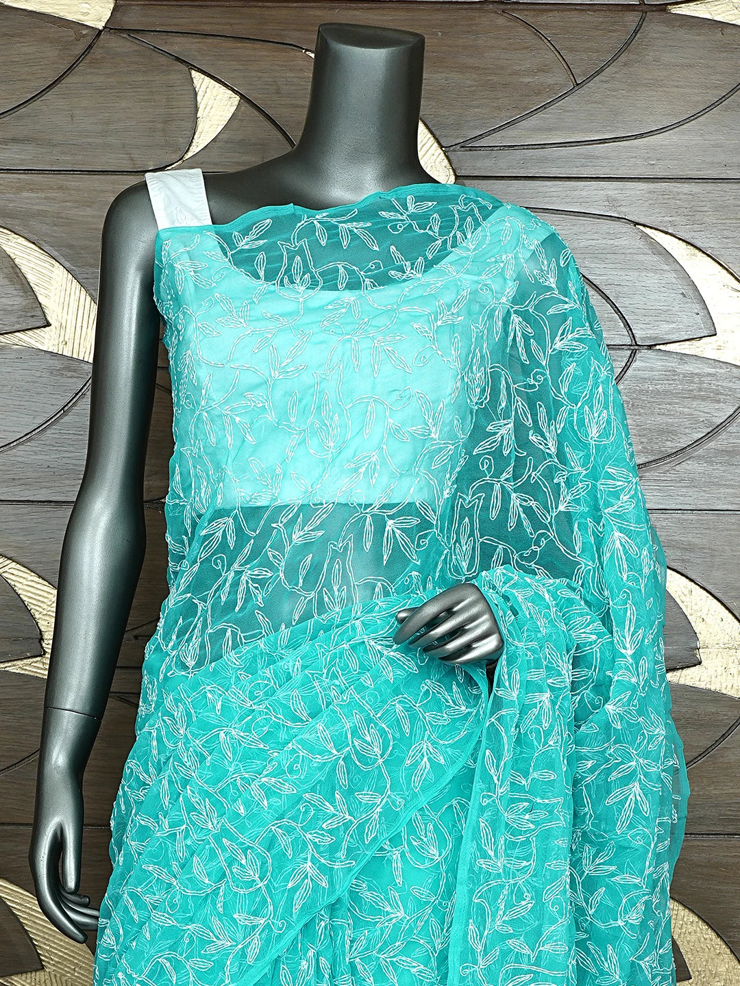 Ada Hand Embroidered Rama Green Georgette Lucknowi Chikankari Saree With Blouse 01A933619