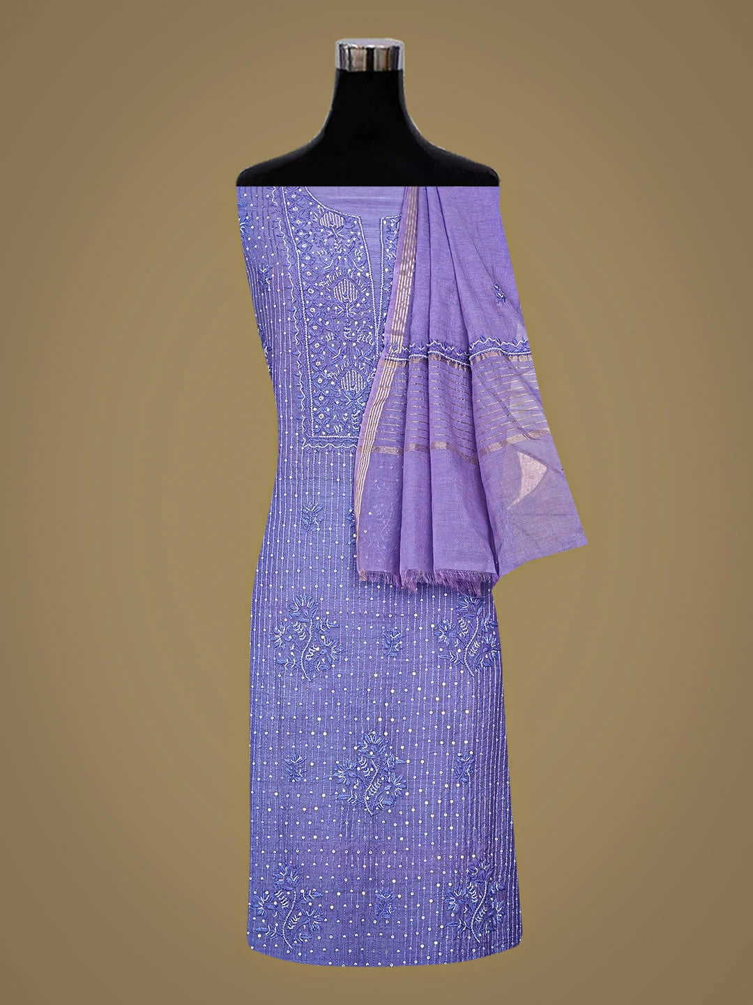 Ada Hand Embroidered Mauve Chanderi Lucknowi Chikankari Unstitched Kurta Dupatta Set with Sequinned Work 01A881370