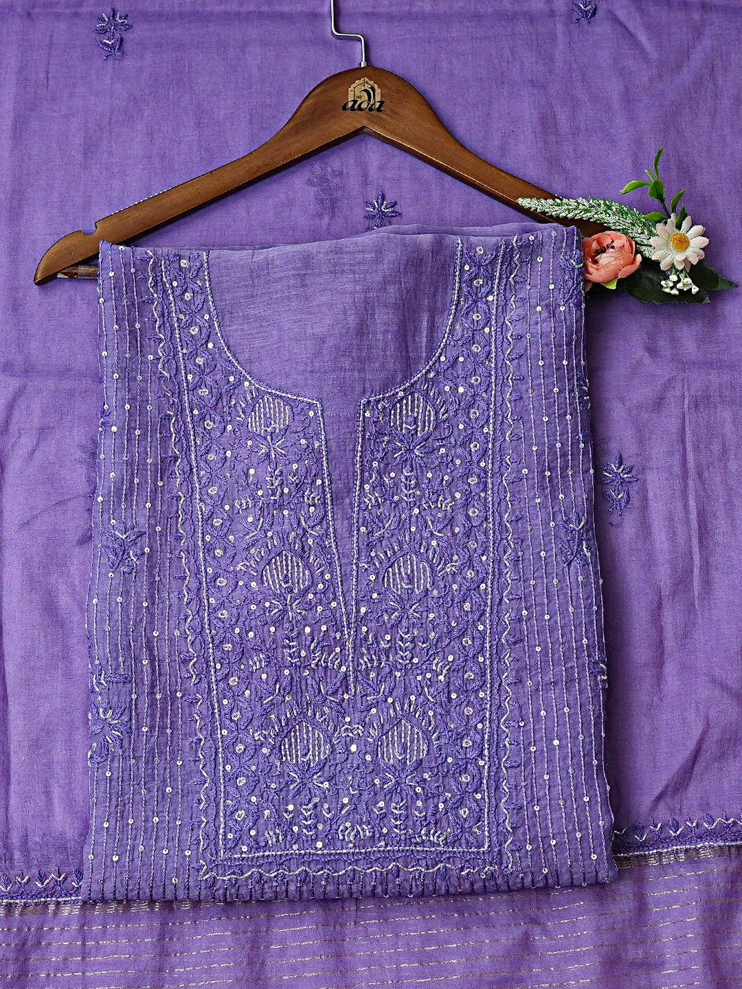 Ada Hand Embroidered Mauve Chanderi Lucknowi Chikankari Unstitched Kurta Dupatta Set with Sequinned Work 01A881370