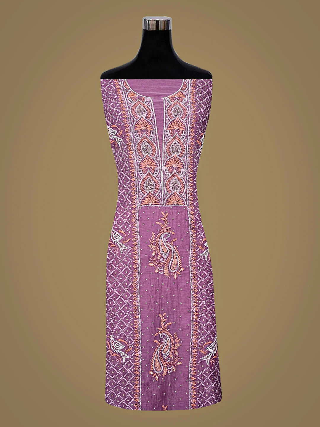 Ada Hand Embroidered Candlelight Mauve Chanderi Lucknowi Chikankari Unstitched Kurta Dupatta Set With Sequinned Work 01A586929