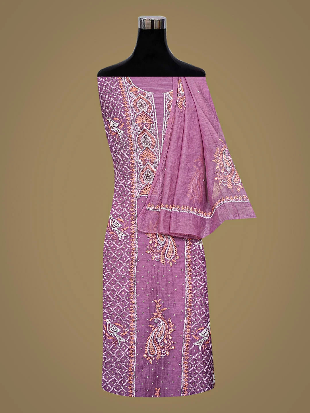 Ada Hand Embroidered Candlelight Mauve Chanderi Lucknowi Chikankari Unstitched Kurta Dupatta Set With Sequinned Work 01A586929