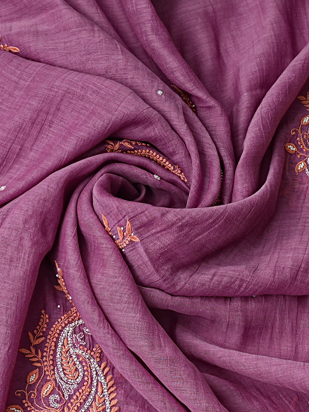 Ada Hand Embroidered Candlelight Mauve Chanderi Lucknowi Chikankari Unstitched Kurta Dupatta Set With Sequinned Work 01A586929