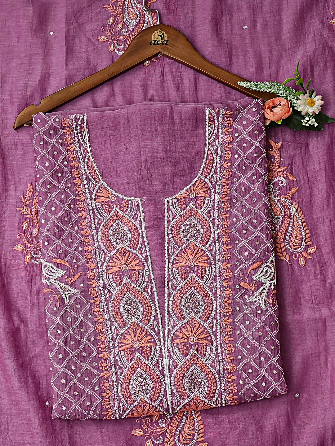 Ada Hand Embroidered Candlelight Mauve Chanderi Lucknowi Chikankari Unstitched Kurta Dupatta Set With Sequinned Work 01A586929