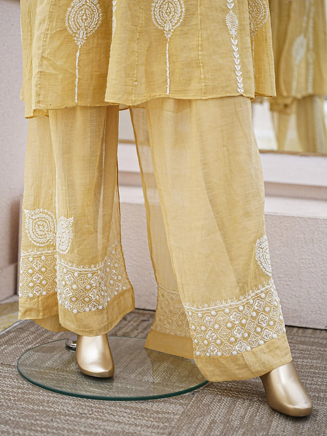 Ada Hand Embroidered Golden Yellow Tissue Lucknowi Chikankari Semi-Stitched Straight Kurta/Palazzo Set With Cutdana Work 01A935492