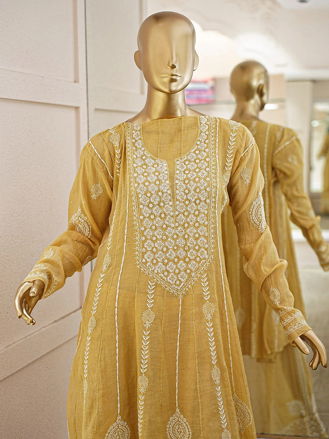 Ada Hand Embroidered Golden Yellow Tissue Lucknowi Chikankari Semi-Stitched Straight Kurta/Palazzo Set With Cutdana Work 01A935492