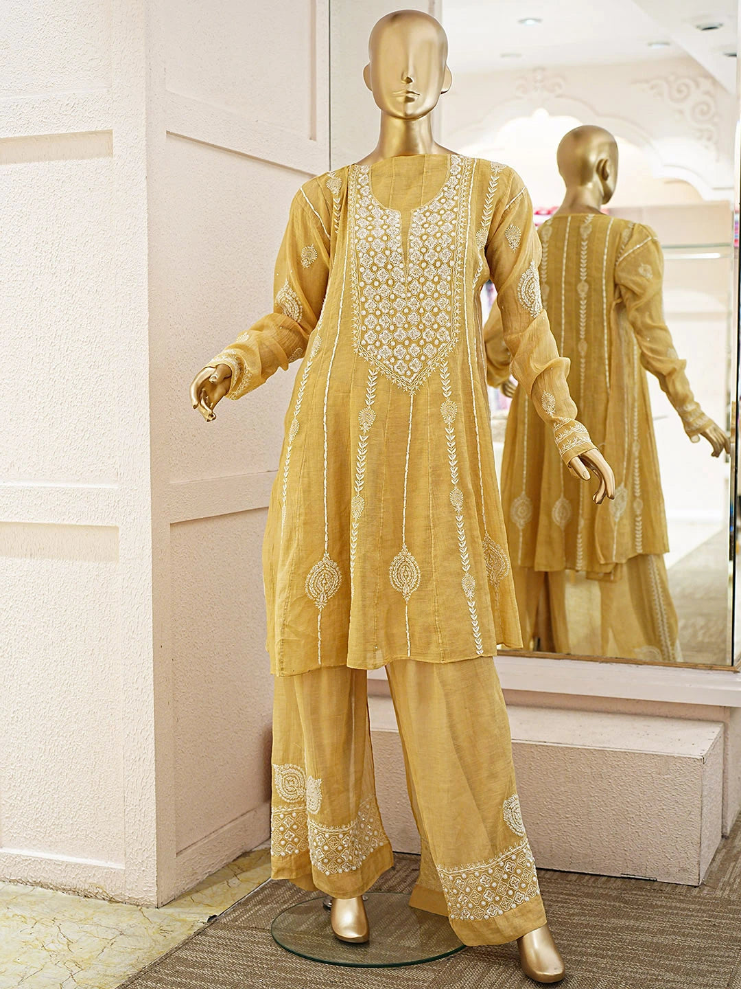 Ada Hand Embroidered Golden Yellow Tissue Lucknowi Chikankari Semi-Stitched Straight Kurta/Palazzo Set With Cutdana Work 01A935492