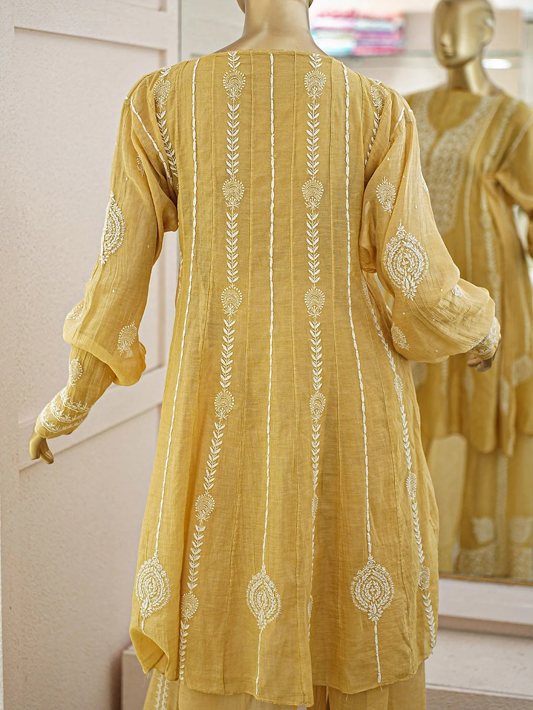 Ada Hand Embroidered Golden Yellow Tissue Lucknowi Chikankari Semi-Stitched Straight Kurta/Palazzo Set With Cutdana Work 01A935492