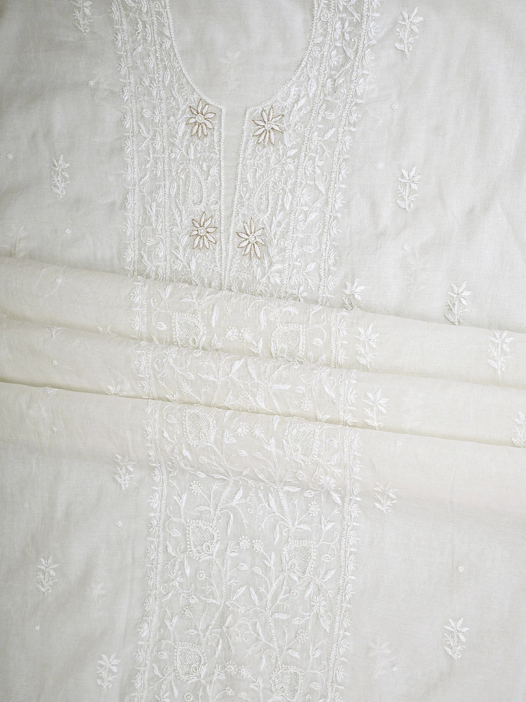 Ada Hand Embroidered White Ivory Cream Chanderi Lucknowi Chikankari Unstitched Kurta Dupatta Set With Cutdana Work 01A890139