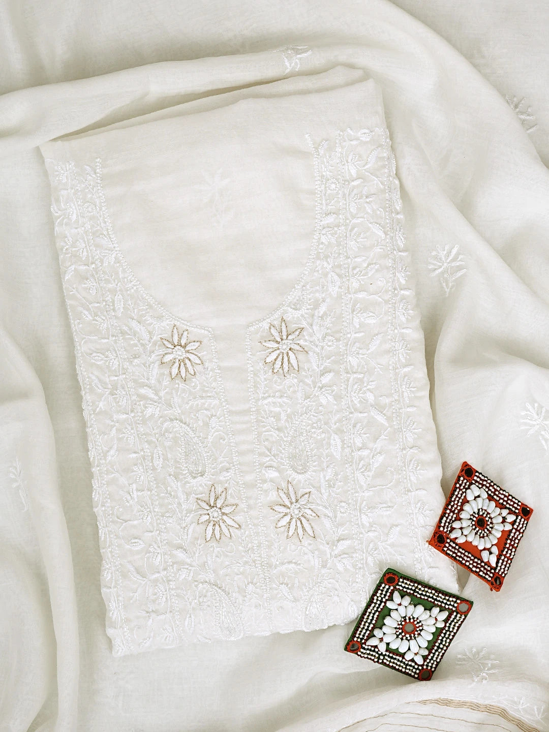 Ada Hand Embroidered White Ivory Cream Chanderi Lucknowi Chikankari Unstitched Kurta Dupatta Set With Cutdana Work 01A890139