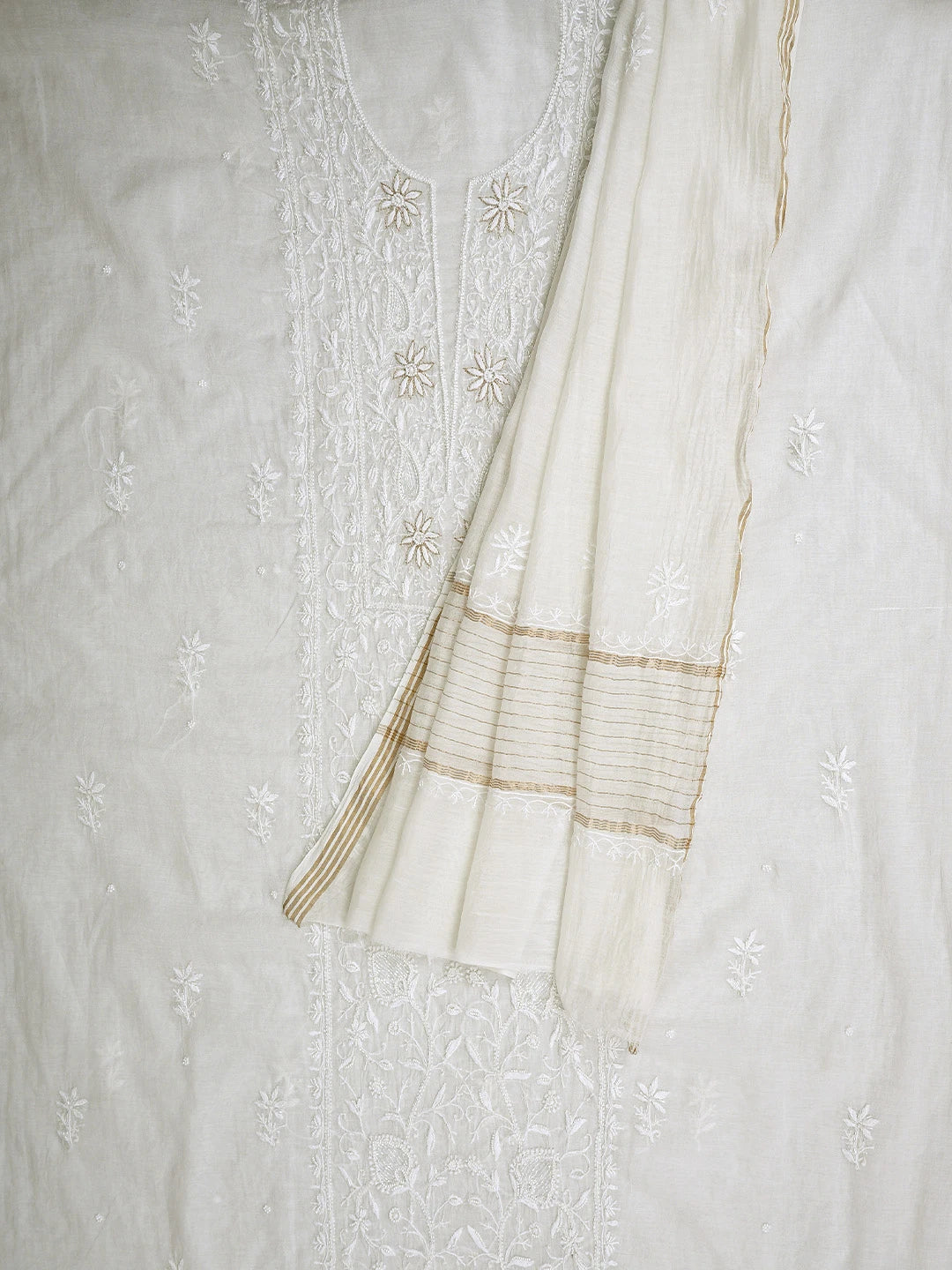 Ada Hand Embroidered White Ivory Cream Chanderi Lucknowi Chikankari Unstitched Kurta Dupatta Set With Cutdana Work 01A890139