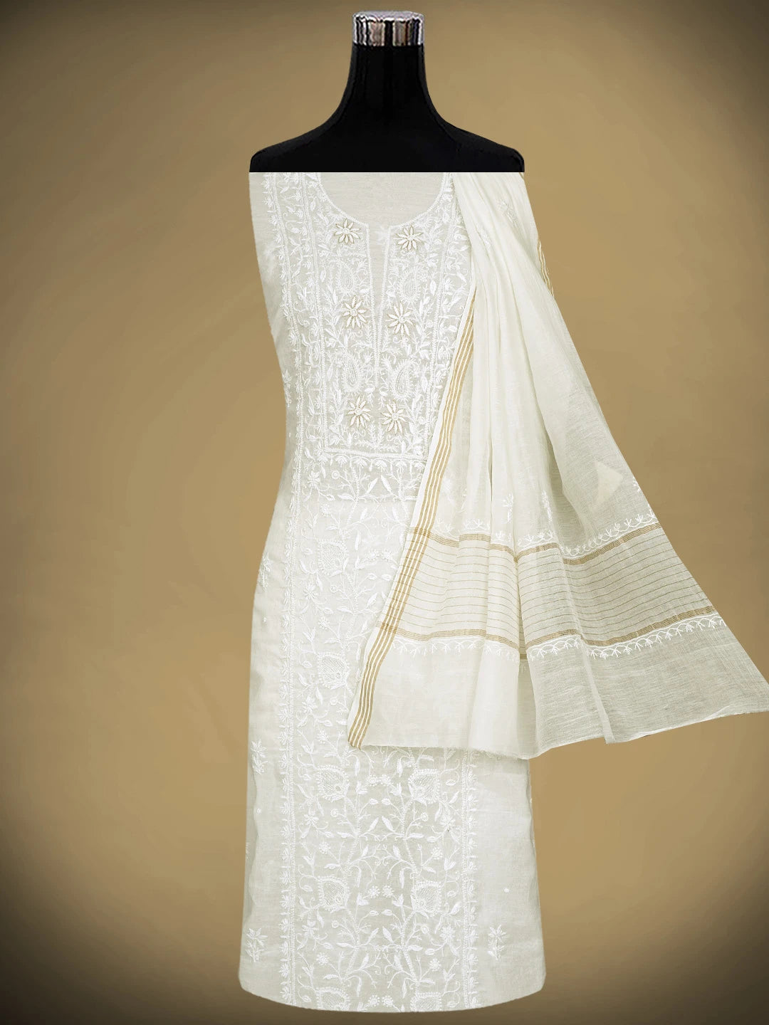 Ada Hand Embroidered White Ivory Cream Chanderi Lucknowi Chikankari Unstitched Kurta Dupatta Set With Cutdana Work 01A890139