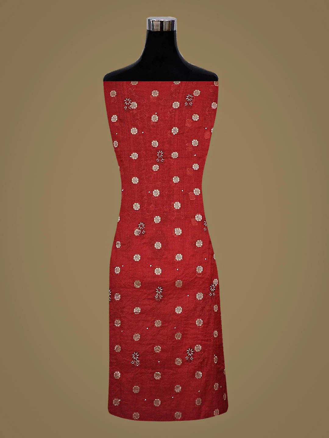 Ada Hand Embroidered Red Chanderi Lucknowi Chikankari Unstitched Kurta Dupatta Set with Pearl Work 01A778618