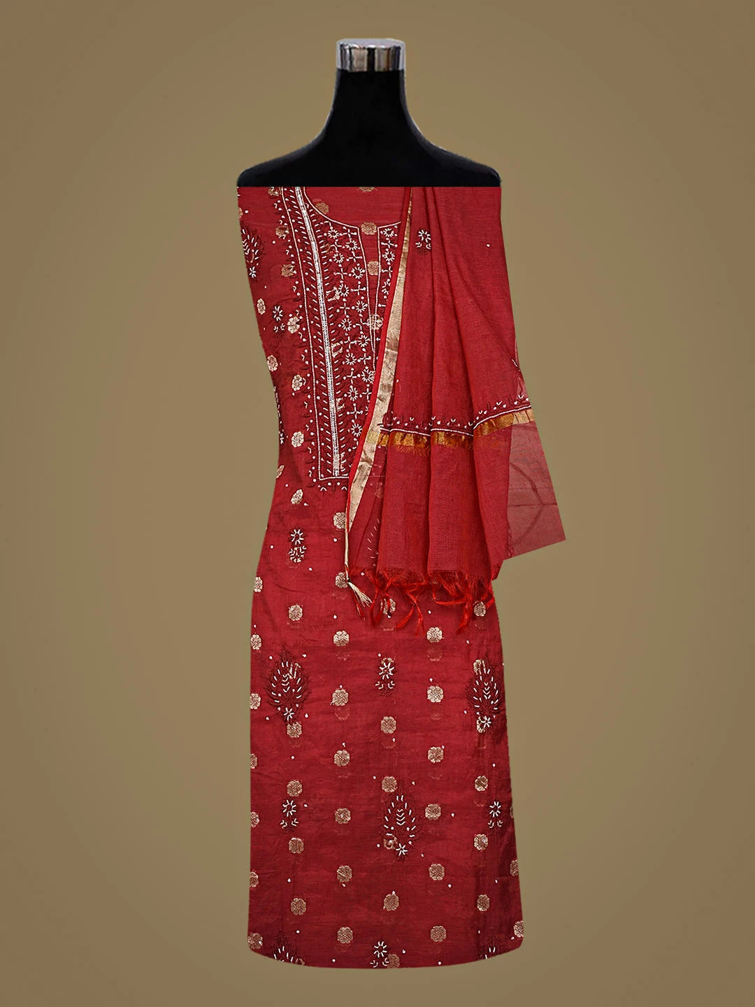 Ada Hand Embroidered Red Chanderi Lucknowi Chikankari Unstitched Kurta Dupatta Set with Pearl Work 01A778618