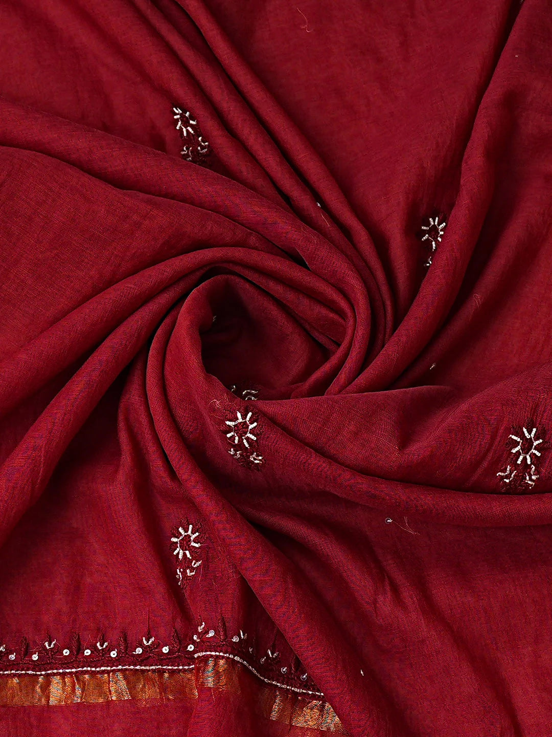Ada Hand Embroidered Red Chanderi Lucknowi Chikankari Unstitched Kurta Dupatta Set with Pearl Work 01A778618