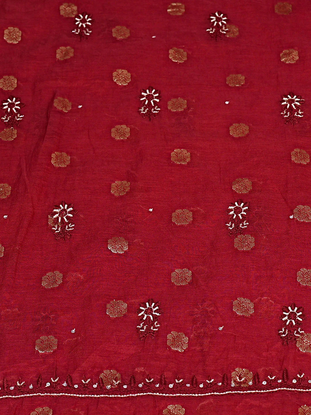 Ada Hand Embroidered Red Chanderi Lucknowi Chikankari Unstitched Kurta Dupatta Set with Pearl Work 01A778618