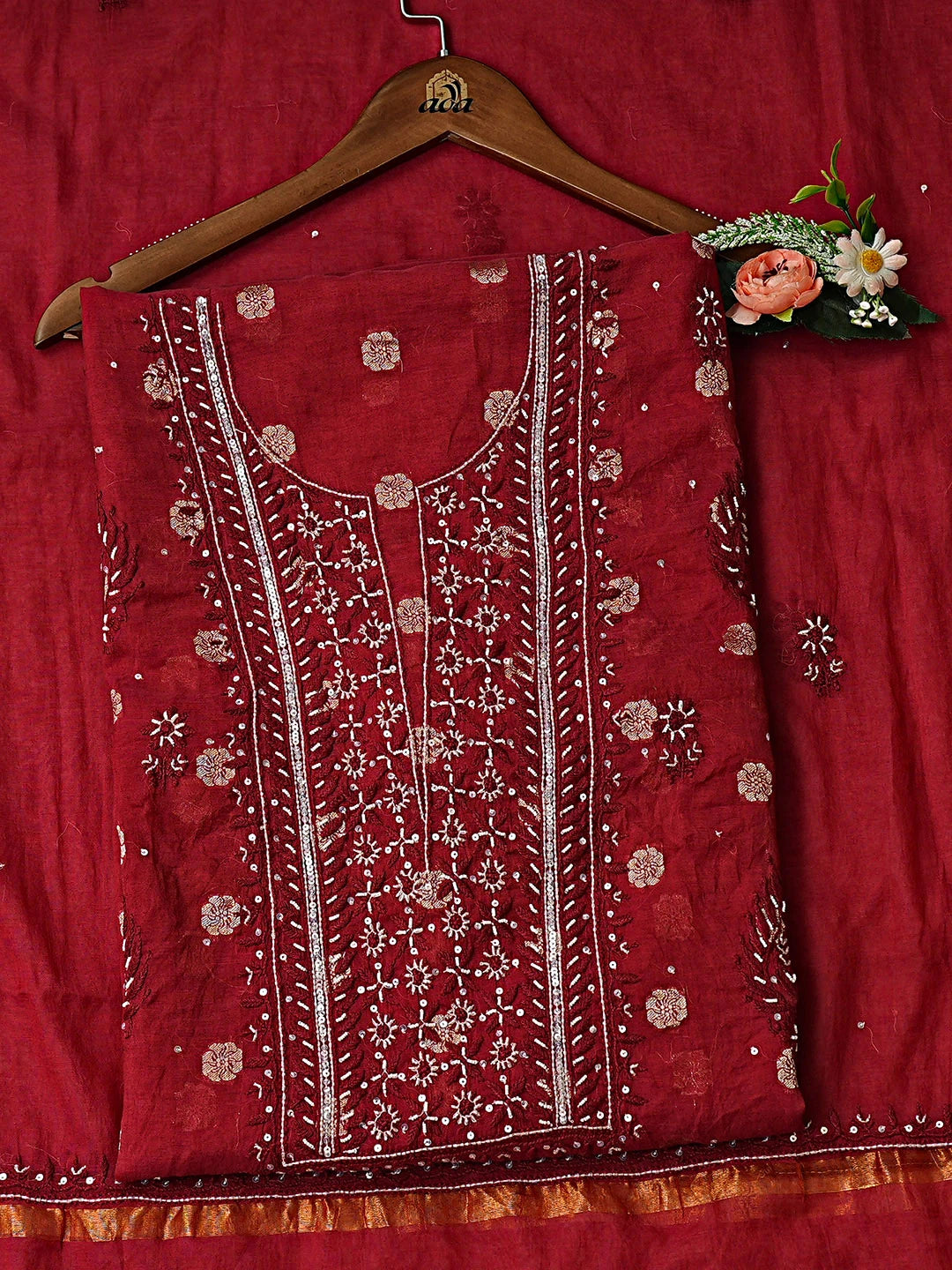 Ada Hand Embroidered Red Chanderi Lucknowi Chikankari Unstitched Kurta Dupatta Set with Pearl Work 01A778618