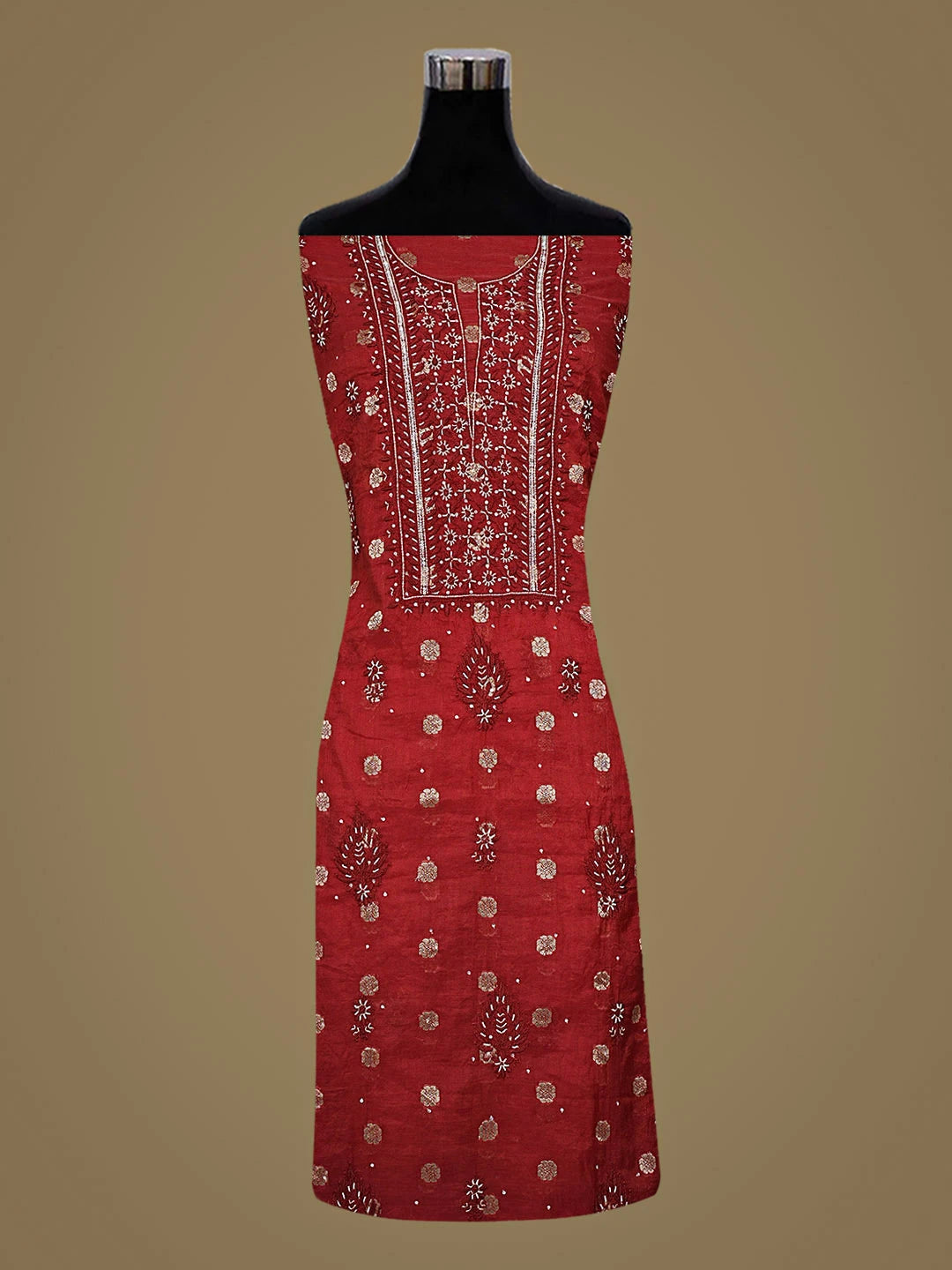 Ada Hand Embroidered Red Chanderi Lucknowi Chikankari Unstitched Kurta Dupatta Set with Pearl Work 01A778618