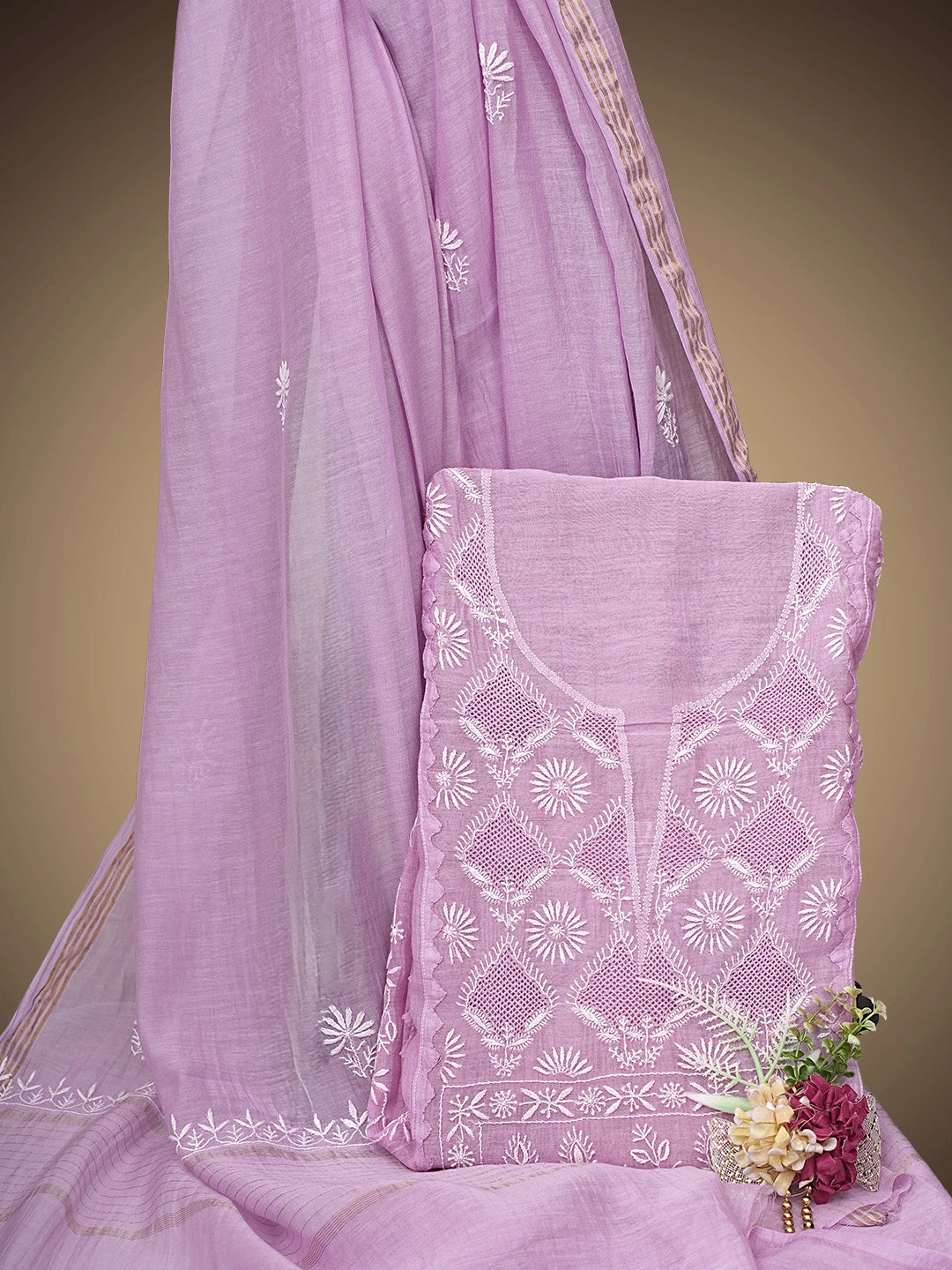 Ada Hand Embroidered Lilac Mauve Chanderi Lucknowi Chikankari Semi-Stitched Kurta Dupatta Set 01A935874