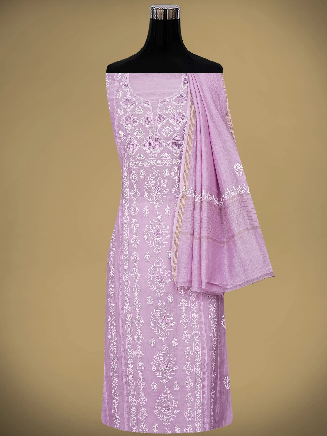 Ada Hand Embroidered Lilac Mauve Chanderi Lucknowi Chikankari Semi-Stitched Kurta Dupatta Set 01A935874