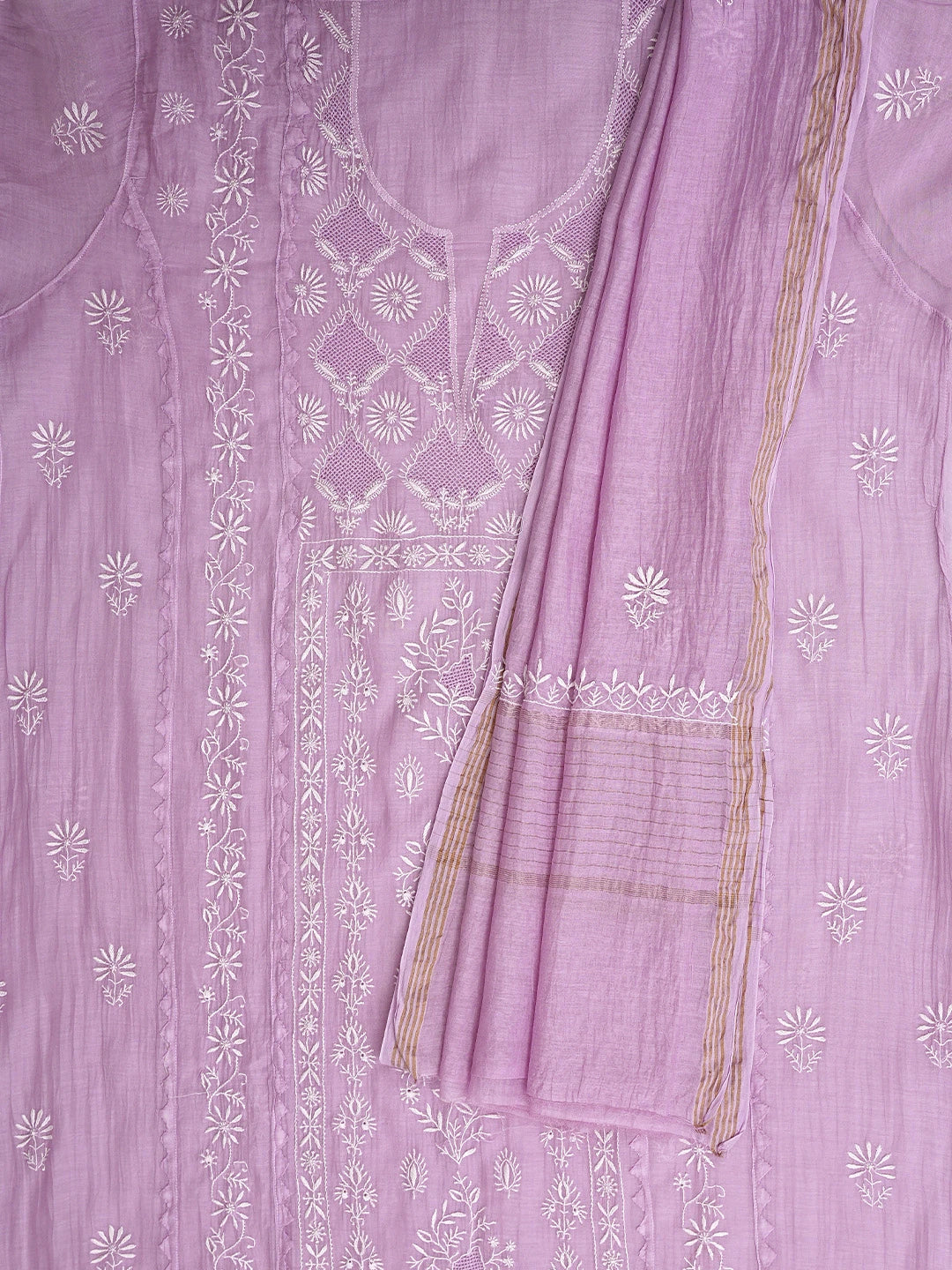 Ada Hand Embroidered Lilac Mauve Chanderi Lucknowi Chikankari Semi-Stitched Kurta Dupatta Set 01A935874