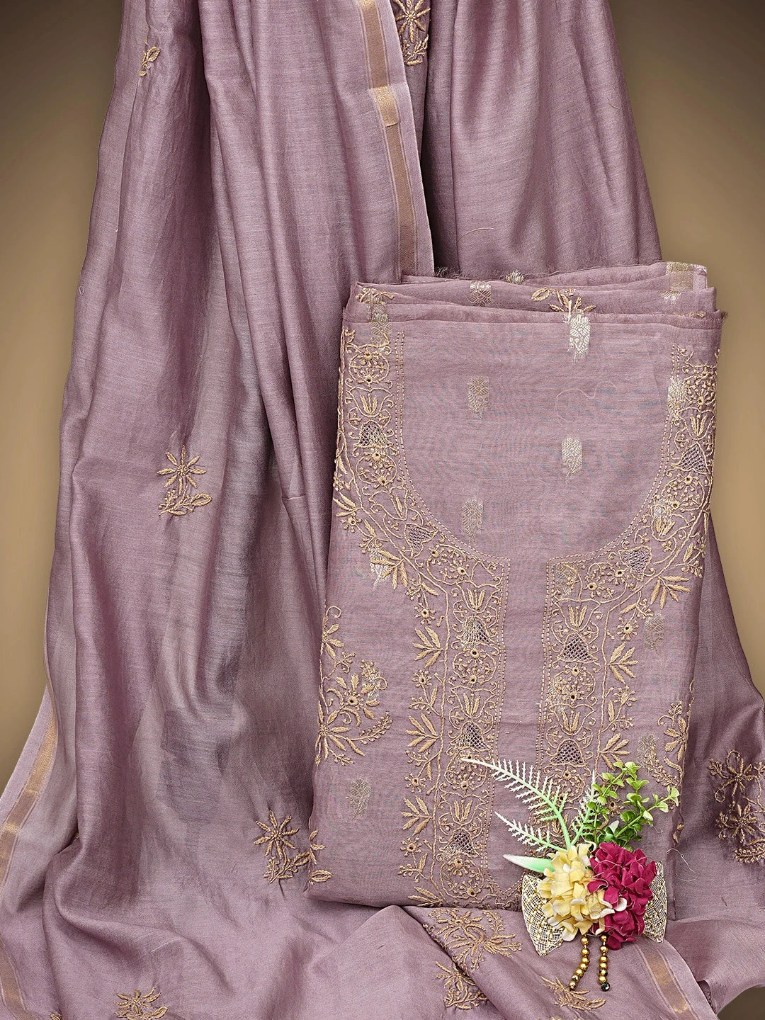 Ada Hand Embroidered Onion Pink Chanderi Lucknowi Chikankari Unstitched Kurta Dupatta Set with Zari  Work 01A936872