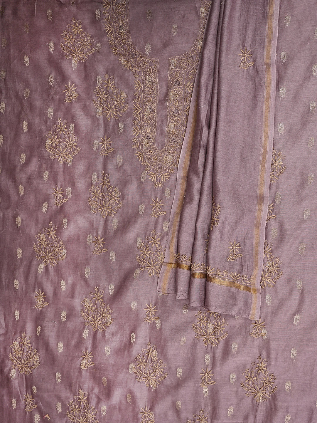 Ada Hand Embroidered Onion Pink Chanderi Lucknowi Chikankari Unstitched Kurta Dupatta Set with Zari  Work 01A936872