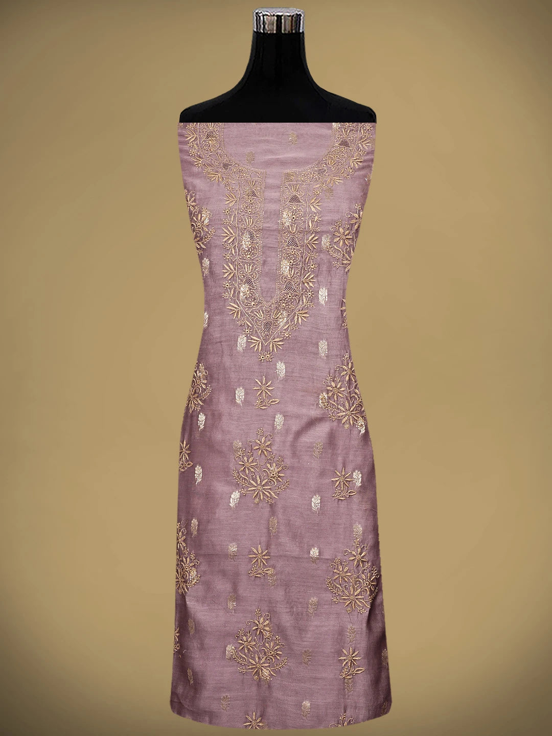 Ada Hand Embroidered Onion Pink Chanderi Lucknowi Chikankari Unstitched Kurta Dupatta Set with Zari  Work 01A936872