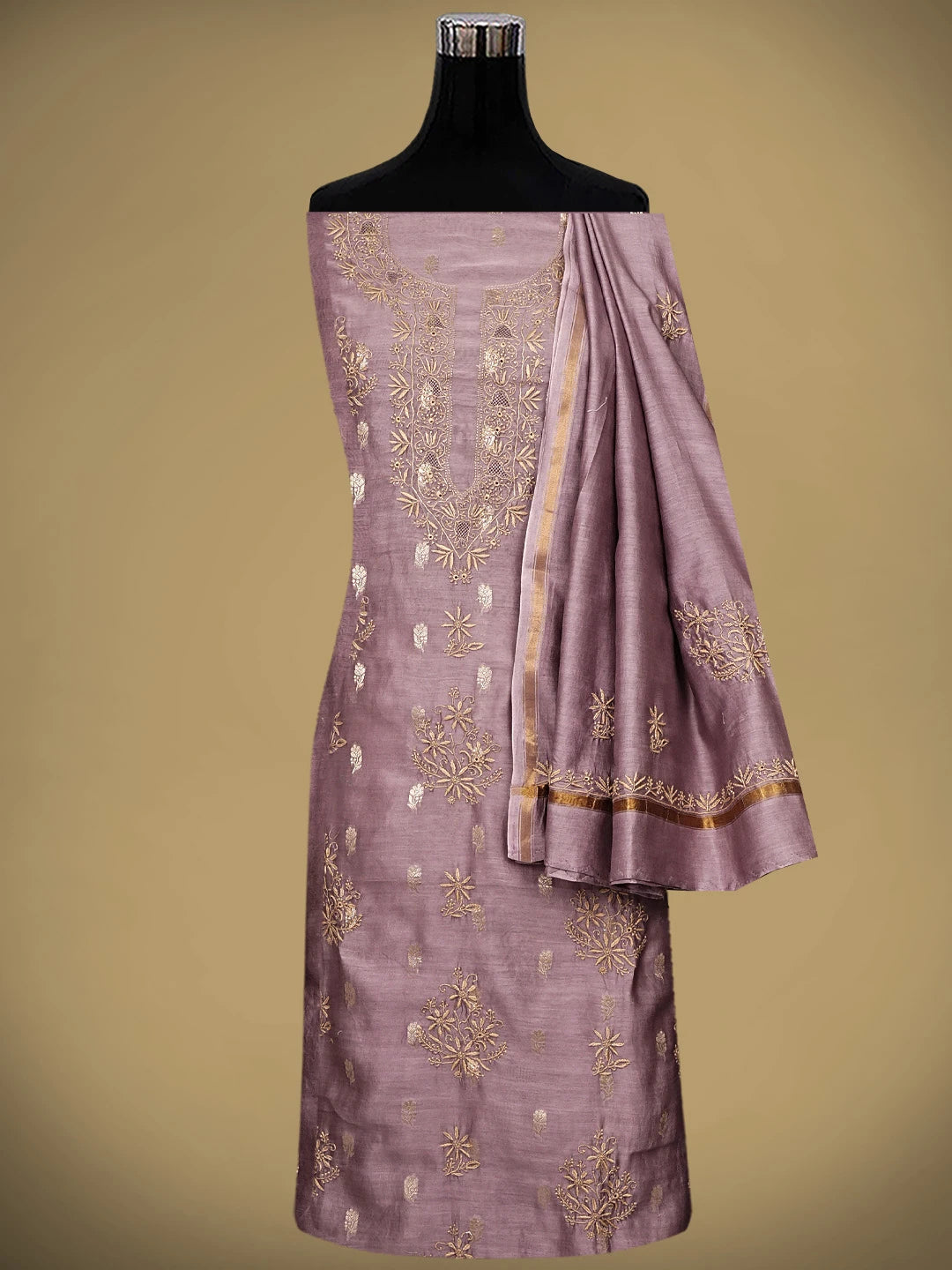 Ada Hand Embroidered Onion Pink Chanderi Lucknowi Chikankari Unstitched Kurta Dupatta Set with Zari  Work 01A936872