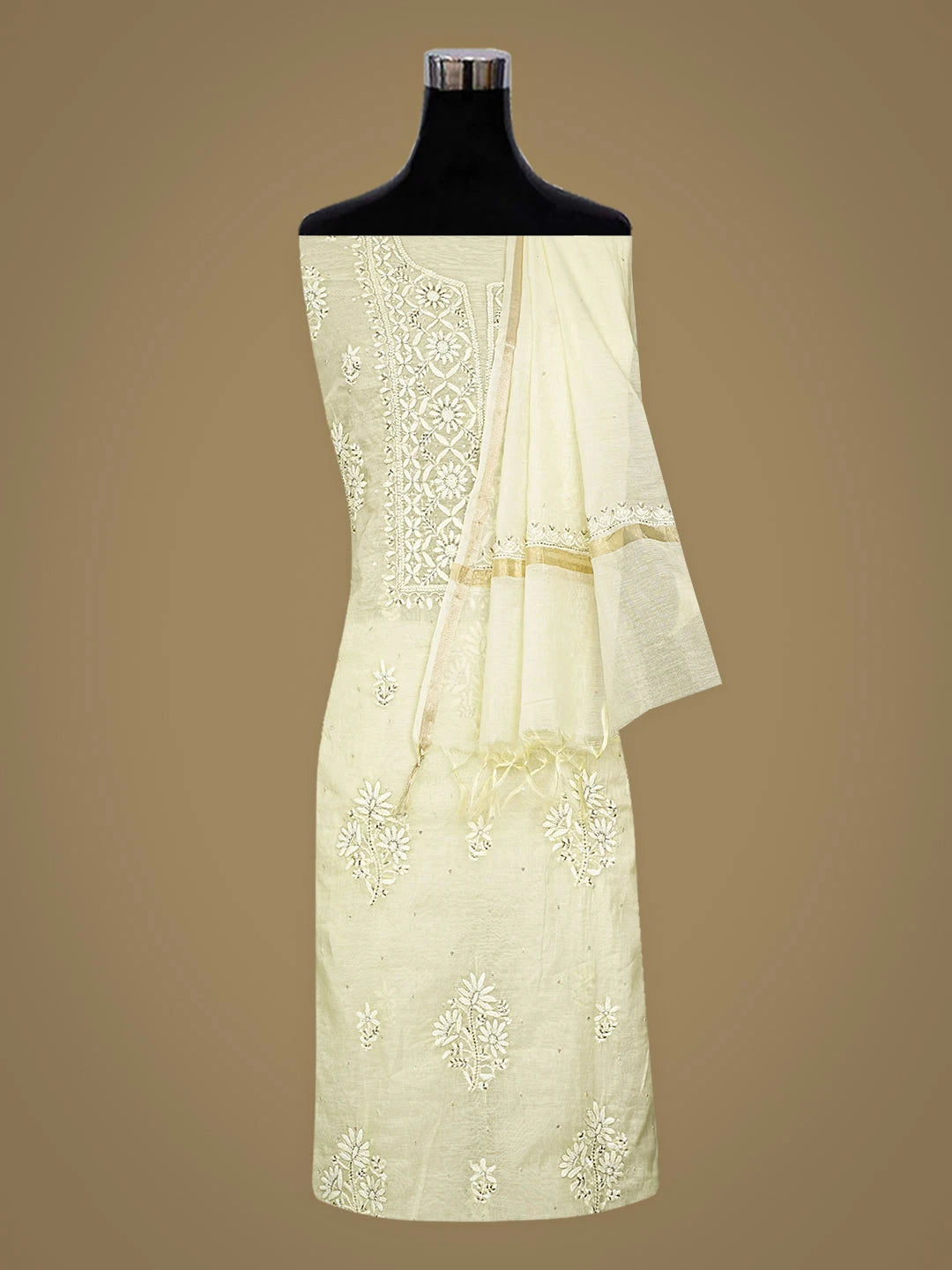 Ada Hand Embroidered Lemon Chanderi Lucknowi Chikankari Unstitched Kurta Dupatta Set with Cutdana Work 01A762553