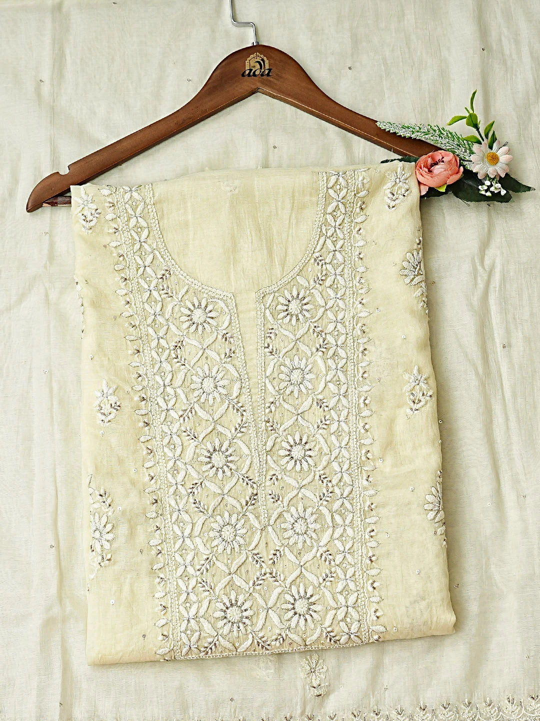 Ada Hand Embroidered Lemon Chanderi Lucknowi Chikankari Unstitched Kurta Dupatta Set with Cutdana Work 01A762553