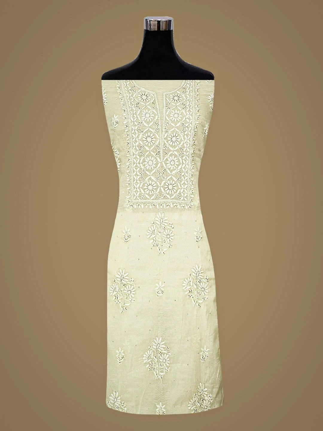 Ada Hand Embroidered Lemon Chanderi Lucknowi Chikankari Unstitched Kurta Dupatta Set with Cutdana Work 01A762553