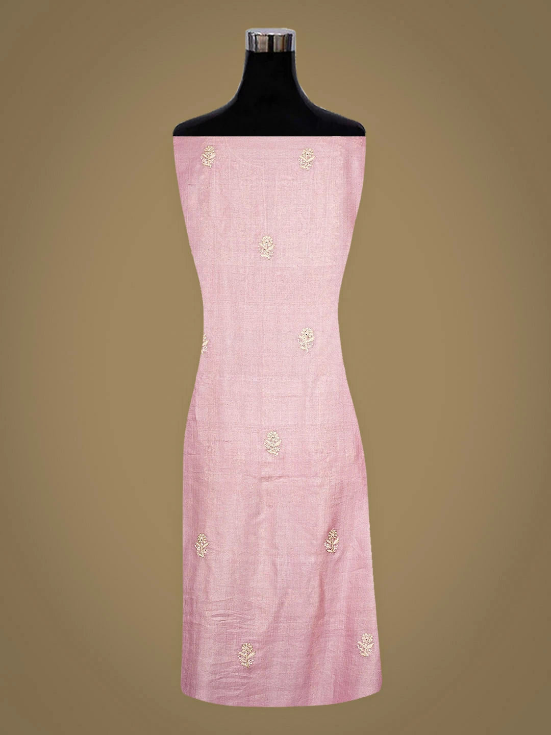 Ada Hand Embroidered Onion Pink Tussar Silk Lucknowi Chikankari Unstitched Kurta Dupatta Set with Sequinned Work 01A809263