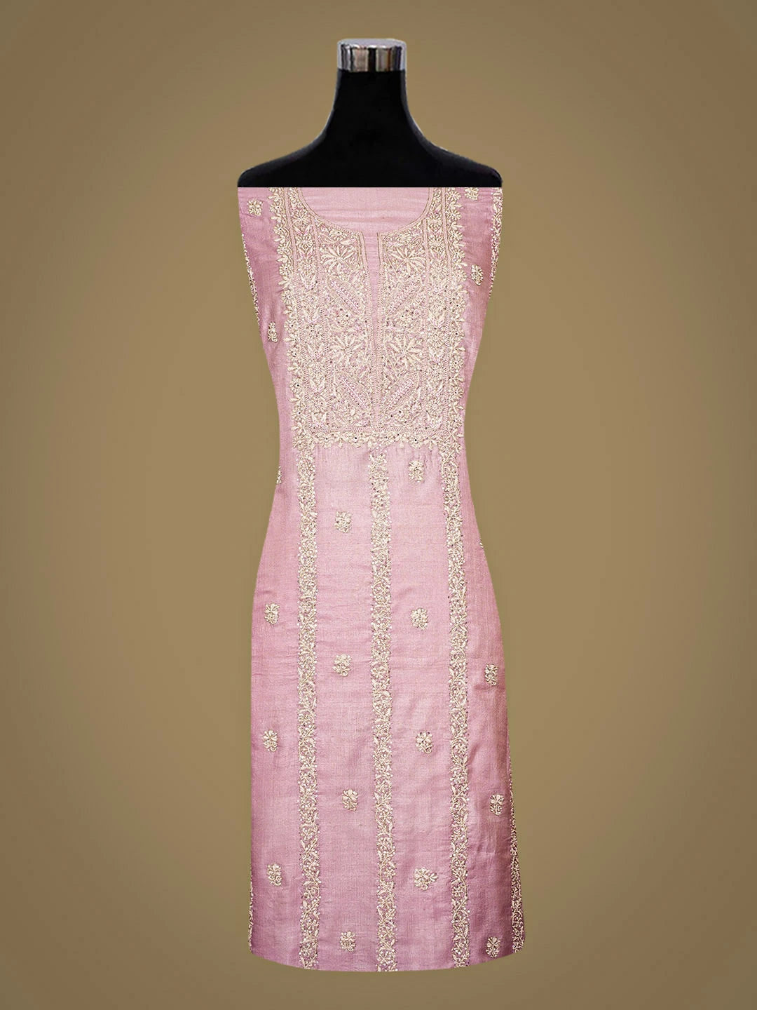 Ada Hand Embroidered Onion Pink Tussar Silk Lucknowi Chikankari Unstitched Kurta Dupatta Set with Sequinned Work 01A809263