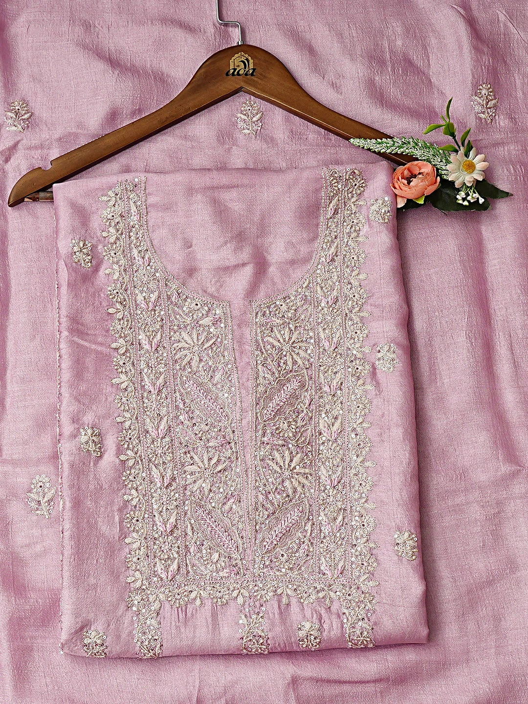 Ada Hand Embroidered Onion Pink Tussar Silk Lucknowi Chikankari Unstitched Kurta Dupatta Set with Sequinned Work 01A809263