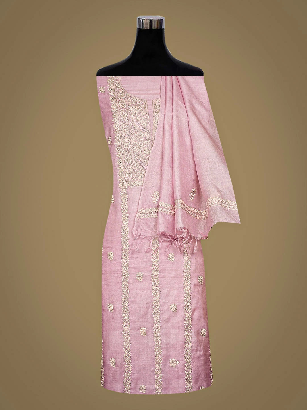 Ada Hand Embroidered Onion Pink Tussar Silk Lucknowi Chikankari Unstitched Kurta Dupatta Set with Sequinned Work 01A809263