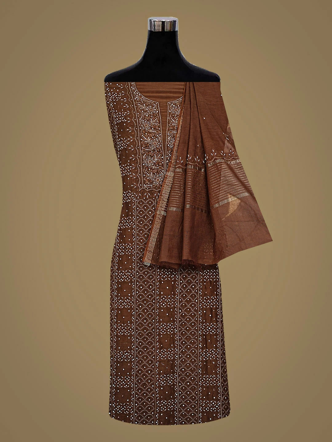 Ada Hand Embroidered Brown Chanderi Lucknowi Chikankari Unstitched Kurta Dupatta Set with Sequinned Work 01A741502