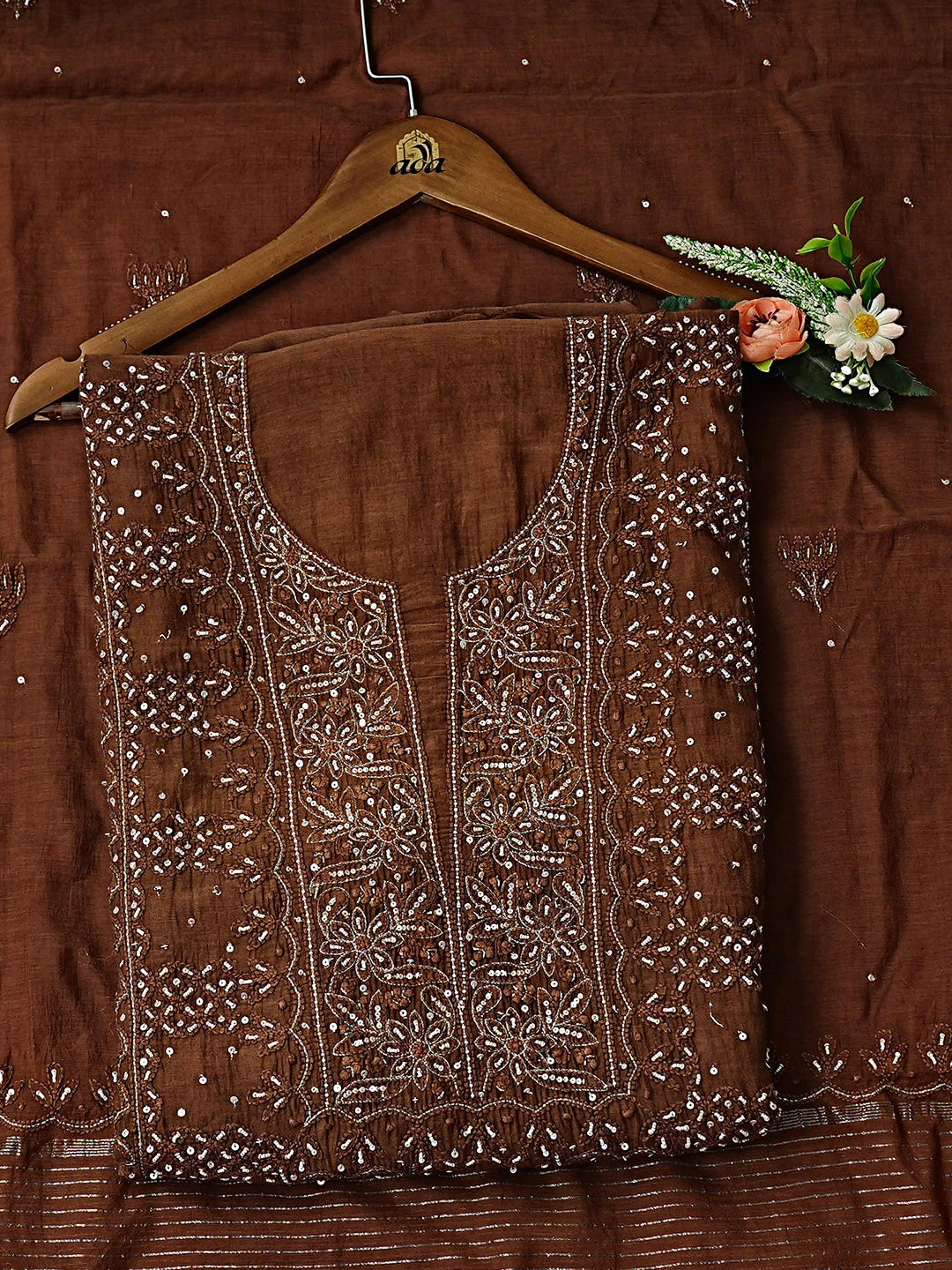 Ada Hand Embroidered Brown Chanderi Lucknowi Chikankari Unstitched Kurta Dupatta Set with Sequinned Work 01A741502
