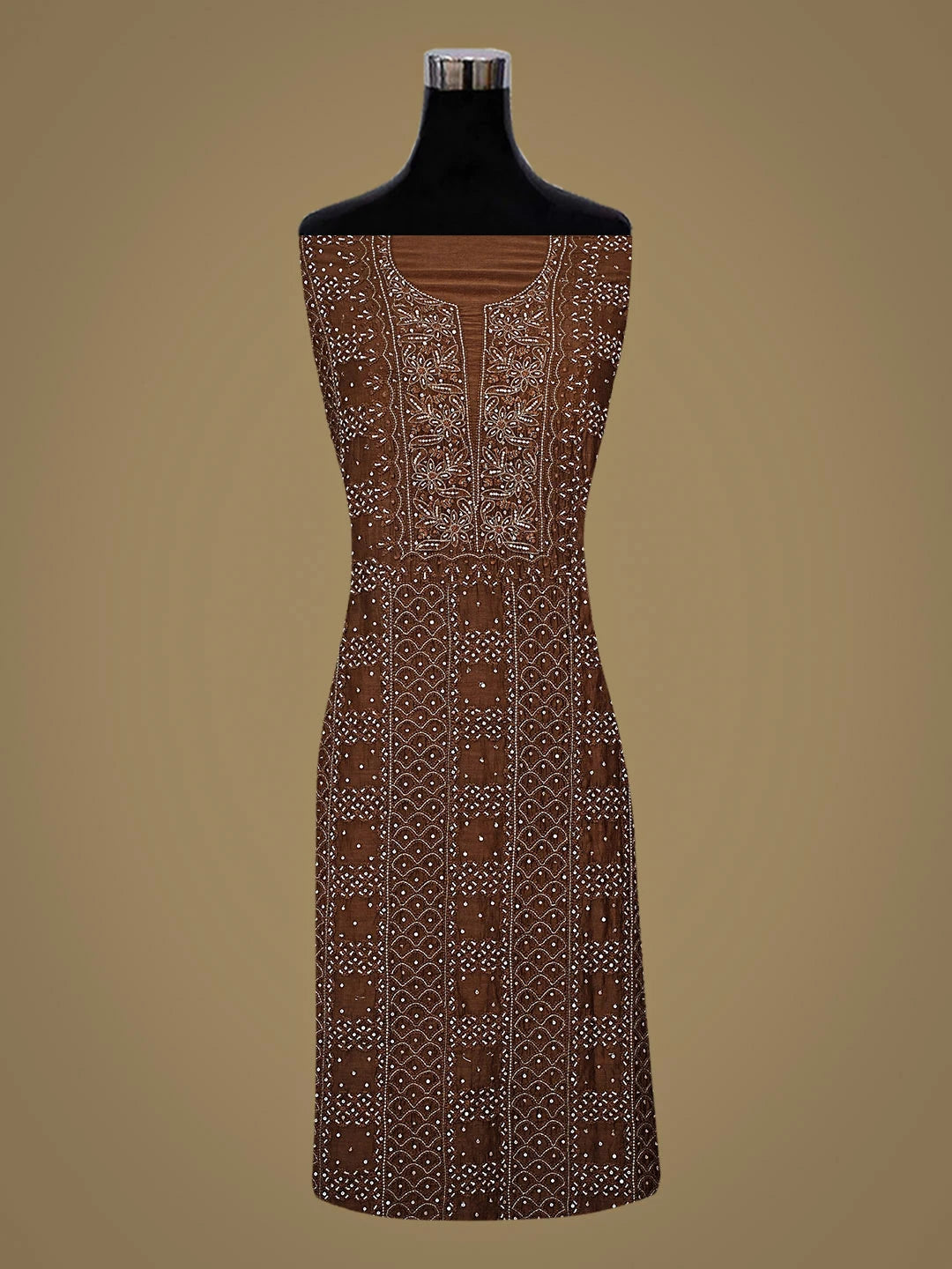 Ada Hand Embroidered Brown Chanderi Lucknowi Chikankari Unstitched Kurta Dupatta Set with Sequinned Work 01A741502