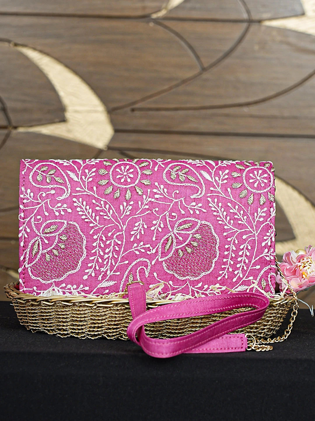 Ada Hand Embroidered Magenta Silk Lucknowi Chikankari Clutch With Zari Work 01A926481
