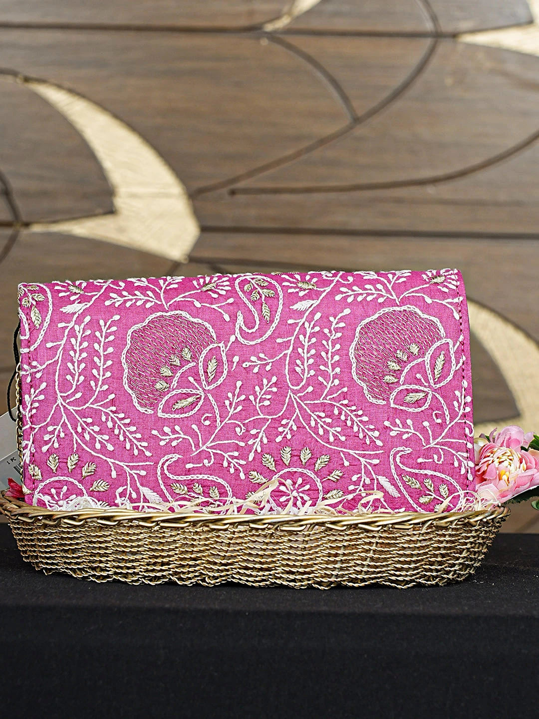 Ada Hand Embroidered Magenta Silk Lucknowi Chikankari Clutch With Zari Work 01A926481