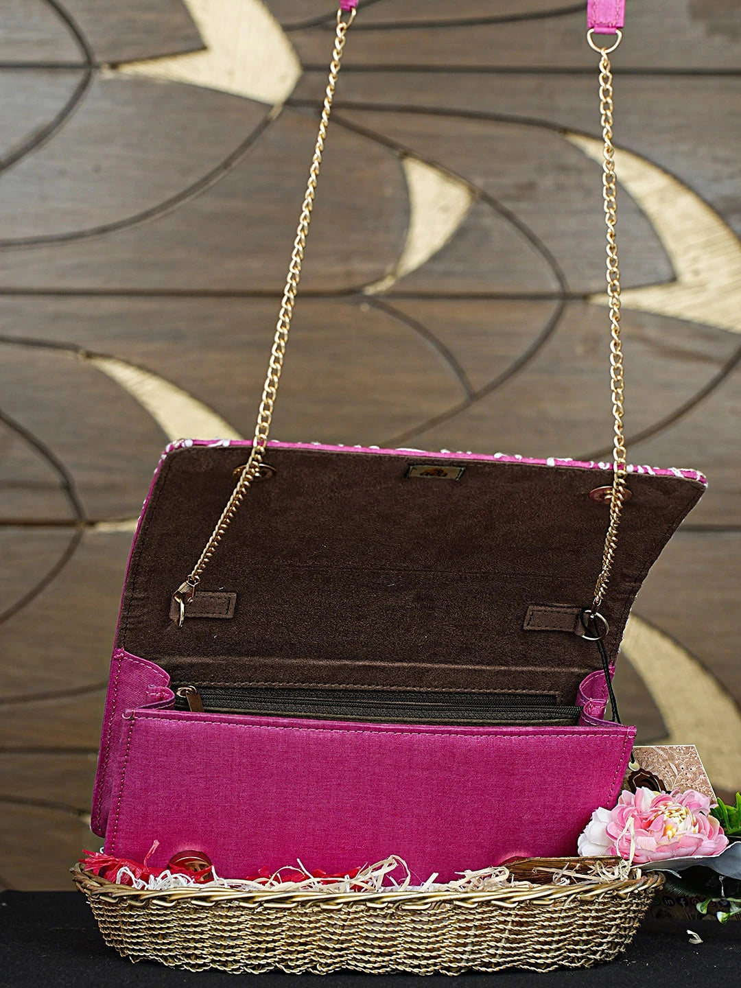 Ada Hand Embroidered Magenta Silk Lucknowi Chikankari Clutch With Zari Work 01A926481
